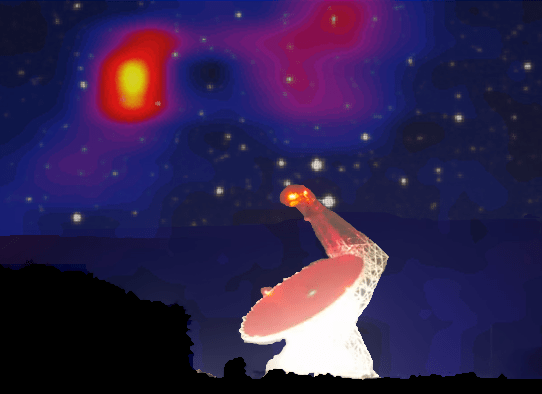 Composite image of a spectral line observation of star forming region W51, showing the distribution of ammonia in the region. The image of the telescope from a time lapse film of a night of observations